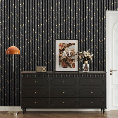 Wooden Slat Acoustic Panel Black Gold Marble 2400mm x 600mm